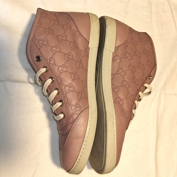 $750 Women's Gucci Leather High Top Sneakers Guccissima Nude Pink Sz 39.5 - Picture 5 of 10